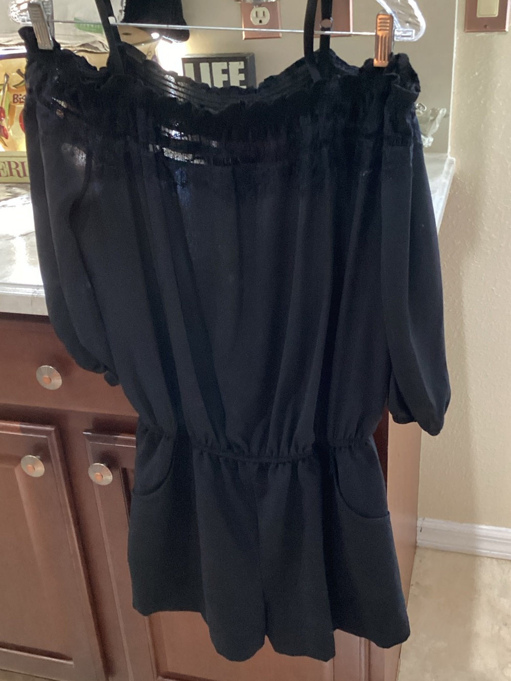BCX Black Short Romper with Elastic Waist and Adjustable Straps